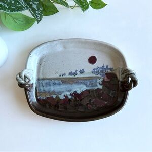 Painted Coastal Scene Handmade Pottery Tray Vintage